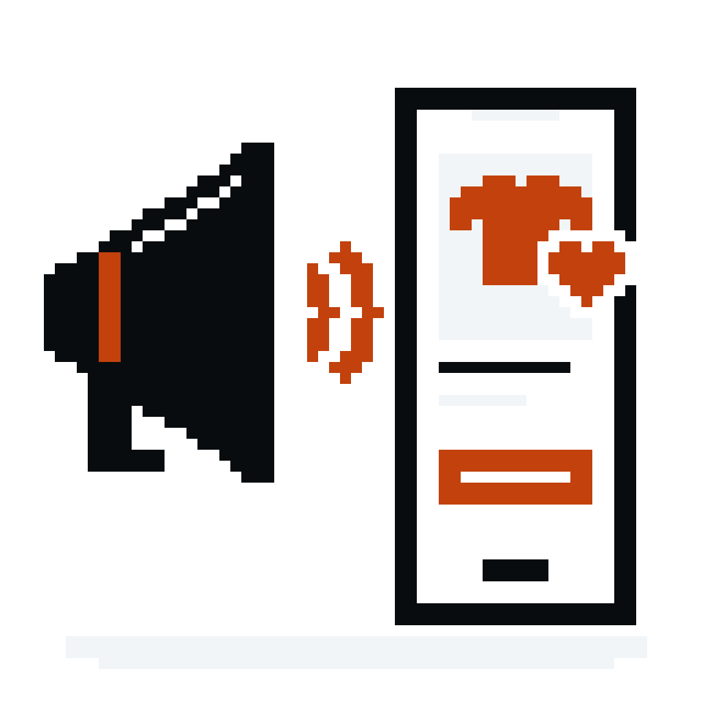 Ilustração em pixel art de um megafone e um celular com anúncio de roupa