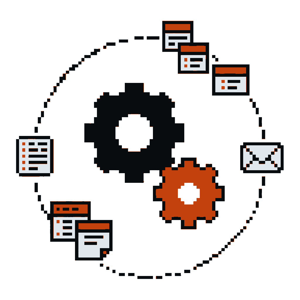 Ilustração em pixel art de engrenagens conectadas a um fluxo automático