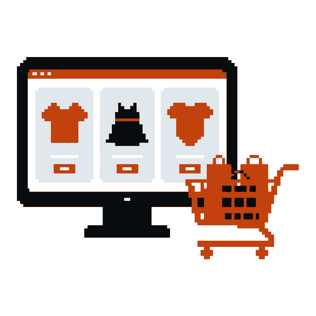 Ilustração em pixel art de uma loja virtual de moda com carrinho de compras