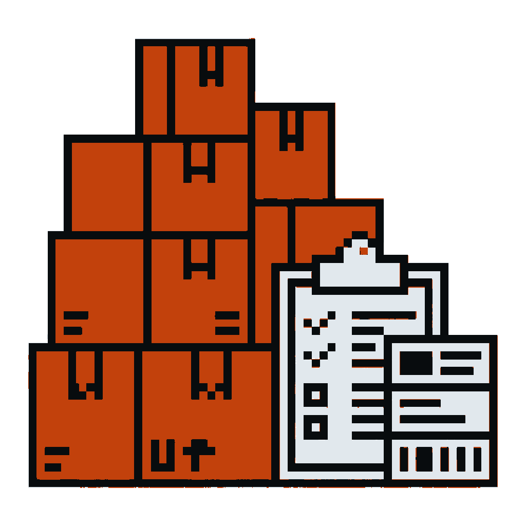 Ilustração em pixel art de caixas de pedidos e uma prancheta de conferência