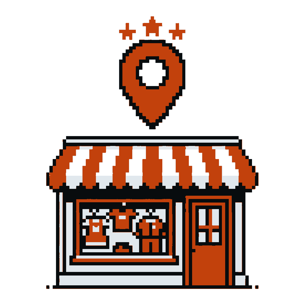 Ilustração em pixel art de uma loja física com marcador de mapa